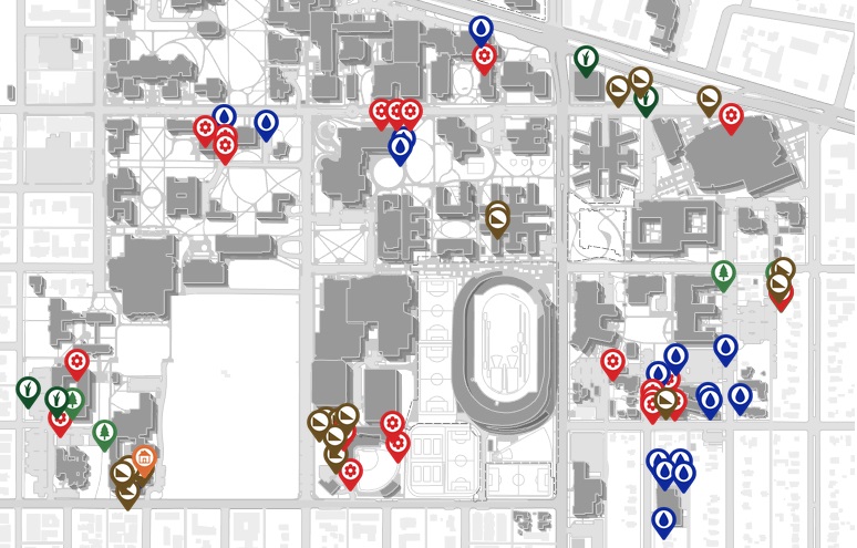 Map of water treatment loctions buildings on the University of Oregon campus
