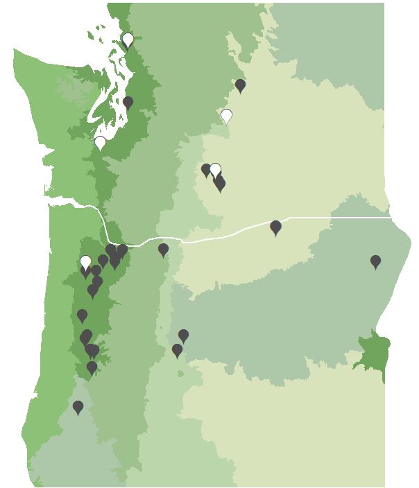 Map showing Oregeon and Washington states with point markers.