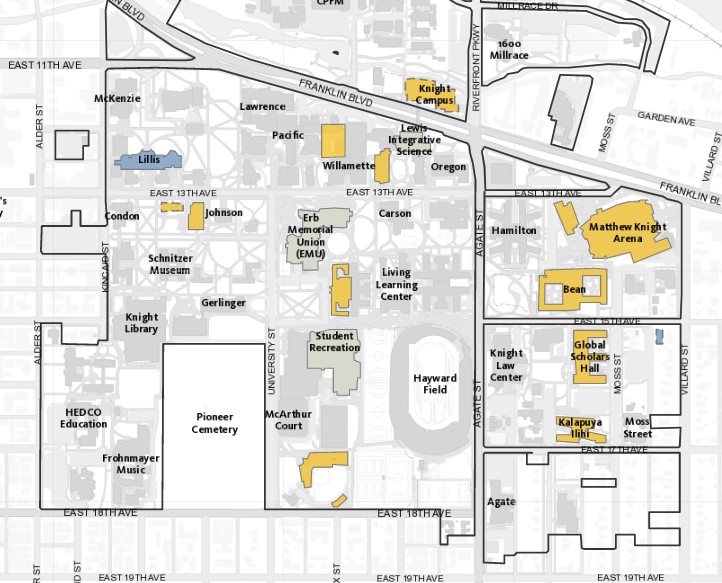 Map of LEED certified buildings on the University of Oregon campus